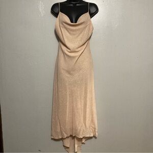 VTG “Be Smart” Champagne Asymmetrical Hem Cowl Neck Dress Fairy Party Shimmer